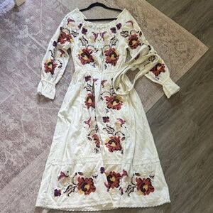 NEVER WORN Sezane Cream Dress with Red and Purple Floral Embroidery